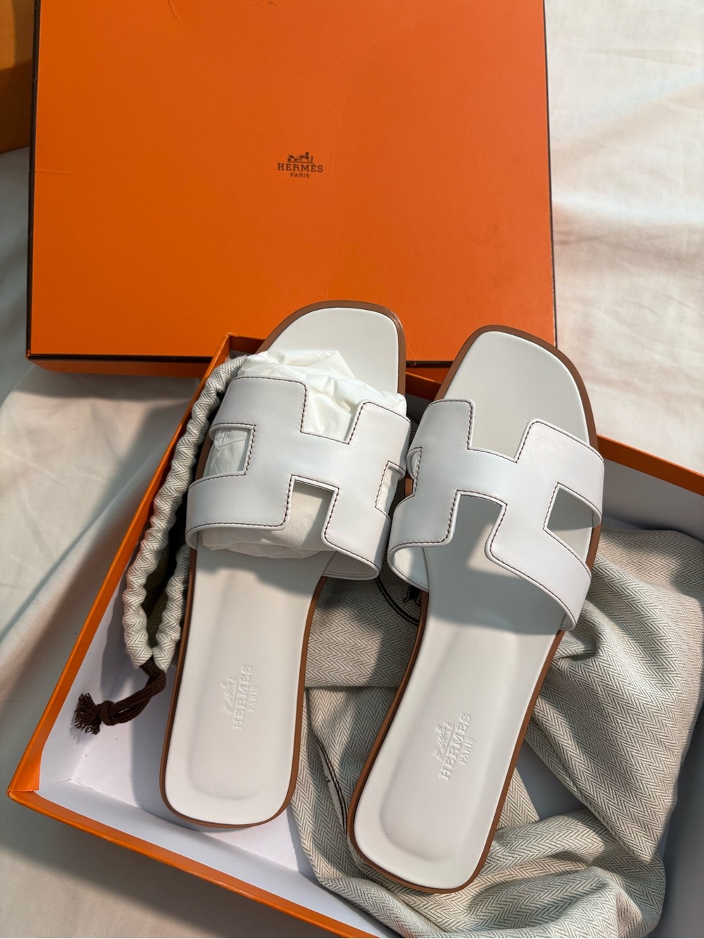 Hermes White Oran Slide Sandals for Women